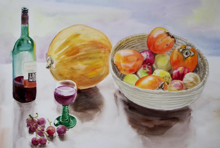 Früchtekorb mit Weinflasche - 2015 - 47 x 63